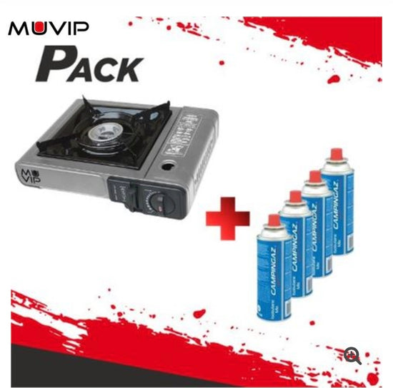 PACK COCINA GAS PORTATIL DOBLE MUVIP + 4 CARTUCHOS DE GAS 250GR CAMPINGAZ